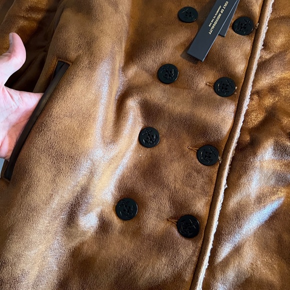 S Cult Of Individuality NEW NWT Brown Faux Leather Sherpa Peacoat Jacket Small - Picture 5 of 13